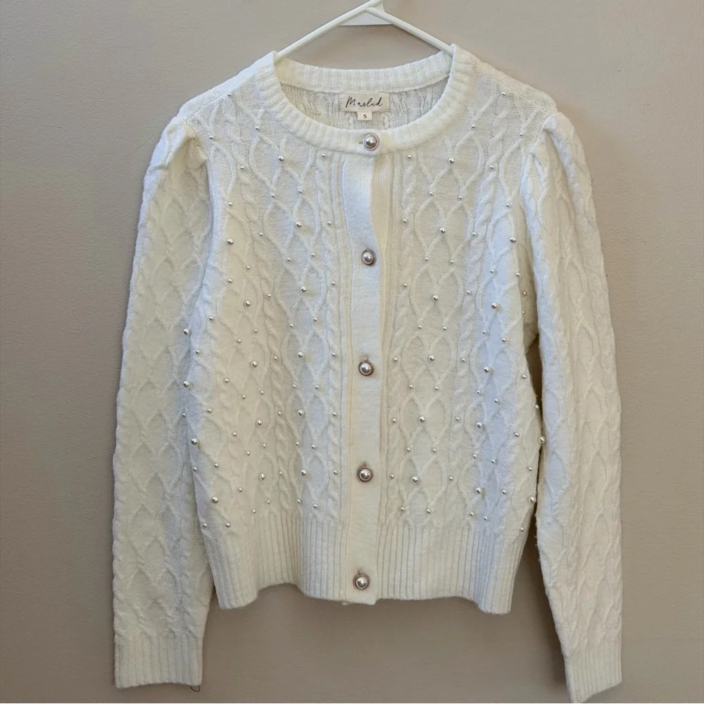 Marled Cable Knit Off White Cardigan Sweater with Pearl Details, Sz S